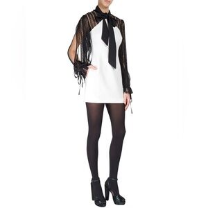 SELF-PORTRAIT Black & White Monochrome Crepe Bow Longsleeve Mini Dress Size 4